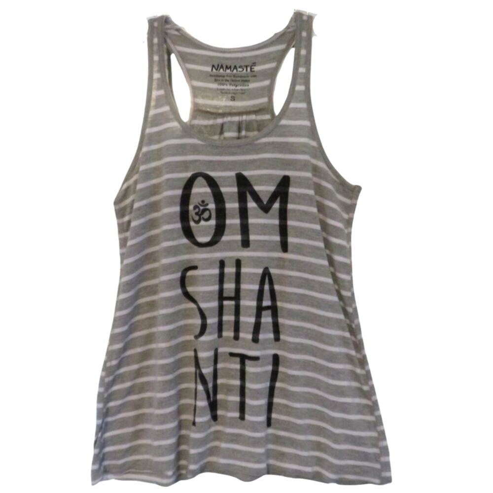 Namaste Yoga Tank Top Racerback Striped Athleisure Shirt Size Small Gray White